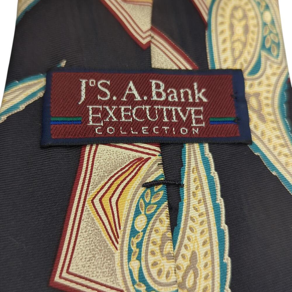 Vintage Jos A Bank Mens Tie Geometric Paisley Black Teal Red Cream Silk Necktie - Picture 5 of 6